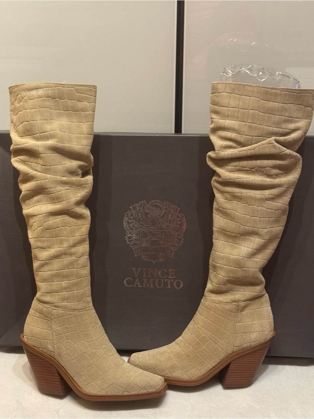 Vince Camuto Beige Croc-Embossed Over-the-Knee Boots